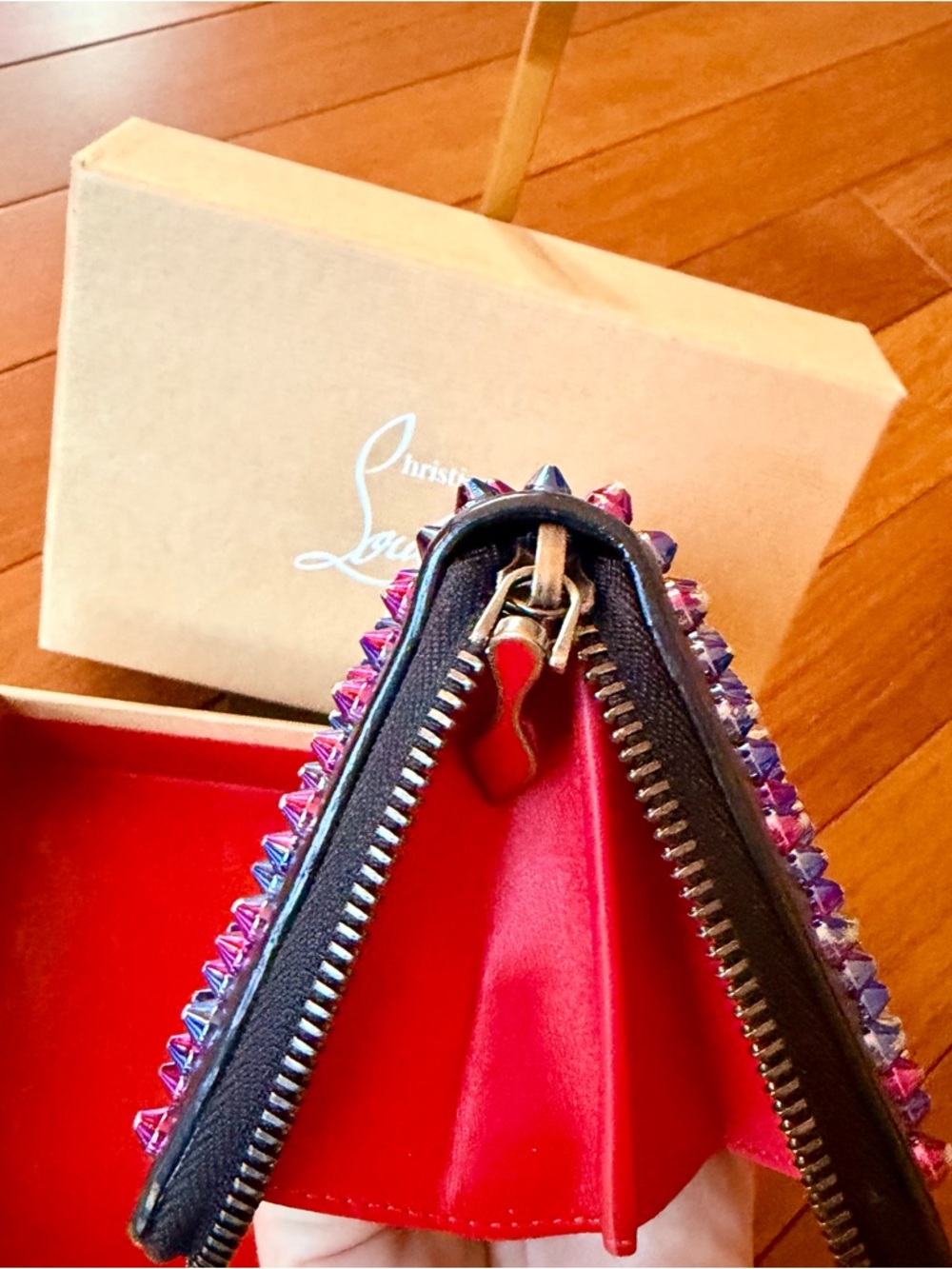 Louboutin Panettone Wallet,Black with Rainbow Spiked Studded Zip Around closure’ - Picture 15 of 16